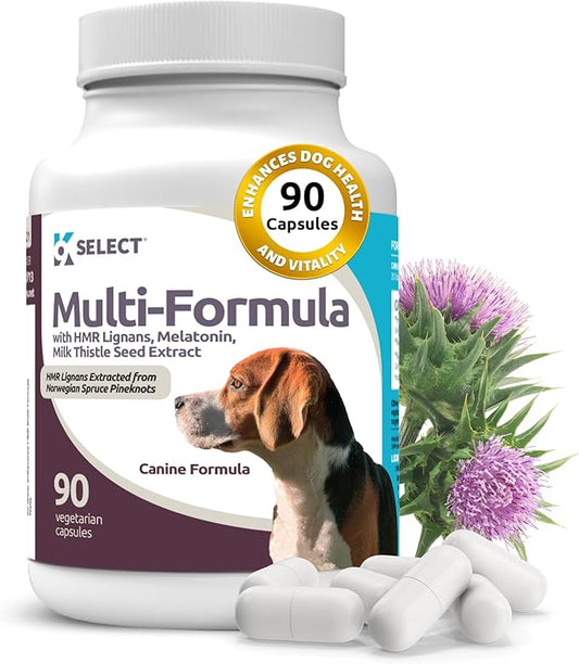K9 Select Multi-Formula Dog Vitamins for Medium Dogs - 20mg HMR Lignans, 2mg Melatonin, 40mg Milk Thistle - Helps Heart, Liver, Digestion & Coat Health, Dog Multivitamin, 90 Capsules