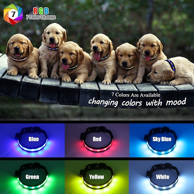 Light Up Dog Collars, Safety LED Dog Collar Rechargeable 7 Colors in One Lighted Dog Collar Glow in The Dark Dog Walking Light, Neon Durable Nylon Adjustable Buckle for Small/Medium/Large Dogs, L Size