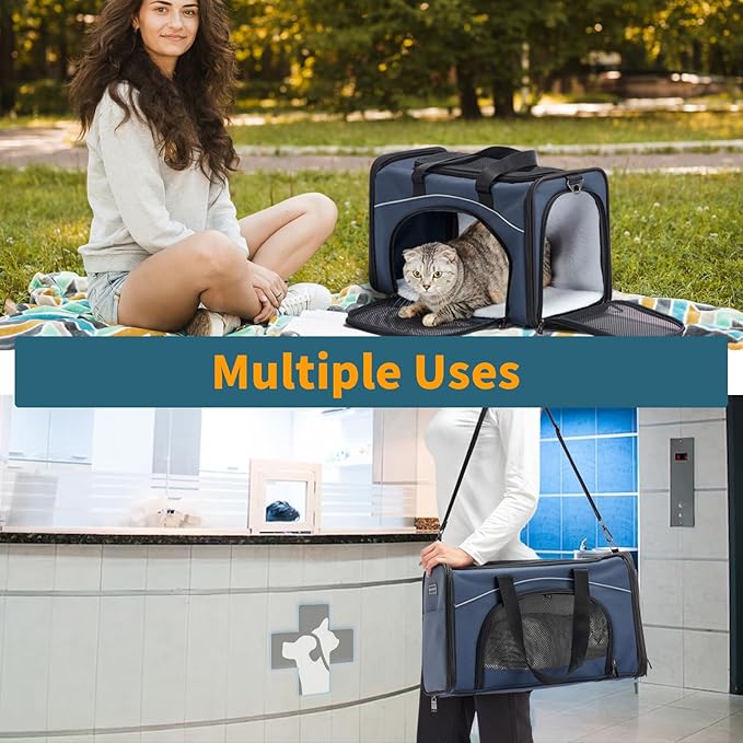 ‌Petsfit Airline Approved Pet Carrier for Small Dogs & Cats, 19x9x12 TSA Approved Carrier, with Removable Dual-Sided Padding (2-Way Placement) - Fits Under Most Airplane Seats, Escape Proof (Navy)