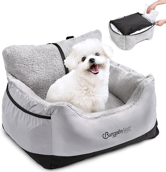 BurgeonNest Dog Car Seat for Small Dogs, Detachable and Washable Cat Carseats Under 25 lbs, Soft Pet Booster Seats with Storage Pockets and Clip-On Leash Portable Car Travel Carrier Bed, Black Grey