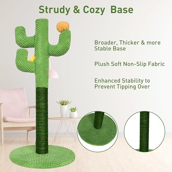 Kitten Cat Scratch Post - 25'' Cactus Scratching Posts with Sisal Cats Claw Scratcher Scratching Posts for Indoor Cats Adults，Vertical Green Cat Tree with Flower for Kitten