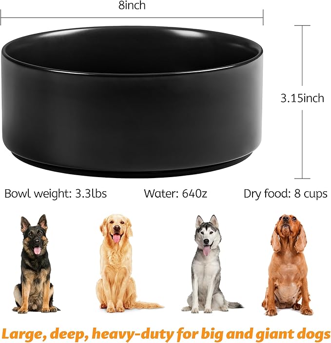 Large Dog Bowls, Non Slip Heavy Ceramic Dog Food and Water Bowl with Silicone Base, 8" Pet Feeding Bowl for Small, Medium, and Big Dogs (Black, 8 Inches)