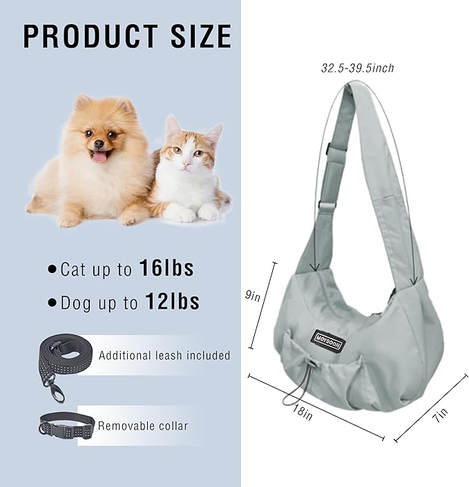 Dog Carrier Sling - Extra Wide Padded Shoulder Straps, Adjustable Hands-Free Small Dog Camier, Ergonomic Design for Travel and Daily Walks, for Small Dogs and Cats 12 lbs, (Light Grey)