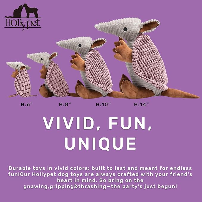 Hollypet Plush Dog Squeaky Toy Stuffed Armadillo Animal Pet Puppy Chew Toys with Clean Teeth for Small Medium Large All Breed Sizes Dogs, Pink, 14 in