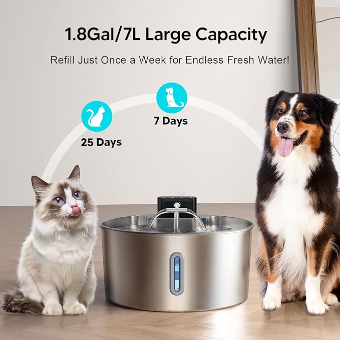 Dog Water Fountain,Automatic Water Dispenser for Dogs,236oz/1.8Gal/7L Wireless Stainless Steel Pet Water Fountains,Battery Operated Cat Water Dispenser with Ultra-Silence Pump