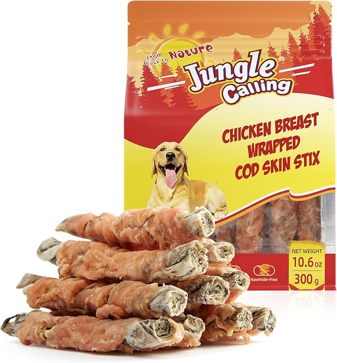 Jungle Calling Dog Treats, High Protein Dog Chewy Treats Health Teeth and Coat, Chicken Wrapped Cod Skin Sticks, Rawhide-Free Cod Fish Skin Treats for Dogs, 10.6 oz