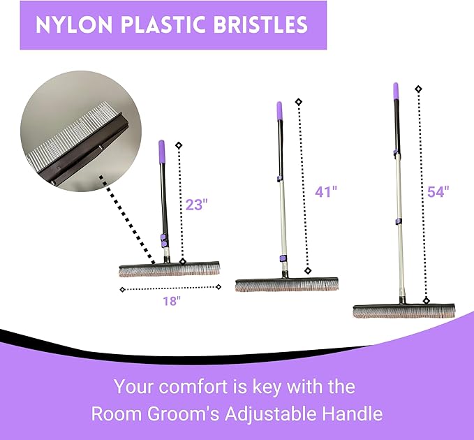 Room Groom PET Carpet Rake and Groomer with Telescoping 54 Inch Adjustable Handle, Rugs, and Artificial Turf, Purple Grip, Black/Purple