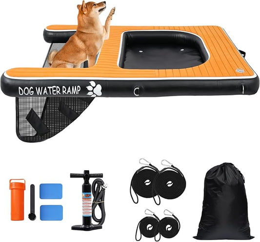 Inflatable Dog Water Platform and Dog Water Ramp 2 in 1, Upgrated Pet Floating Ladder with Non-Slip EVA Foam for Large Dogs Up to 180LBS, Suit for Pool, Lake, Dock and Boat(Large, Brown)