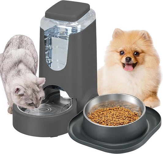 Automatic Cat Water Feeder and Food Bowl, Gravity Stainless Steel Cat Waterer Set for Small Medium Kitten Puppy Pets(1 Gallon + 12oz，Grey)