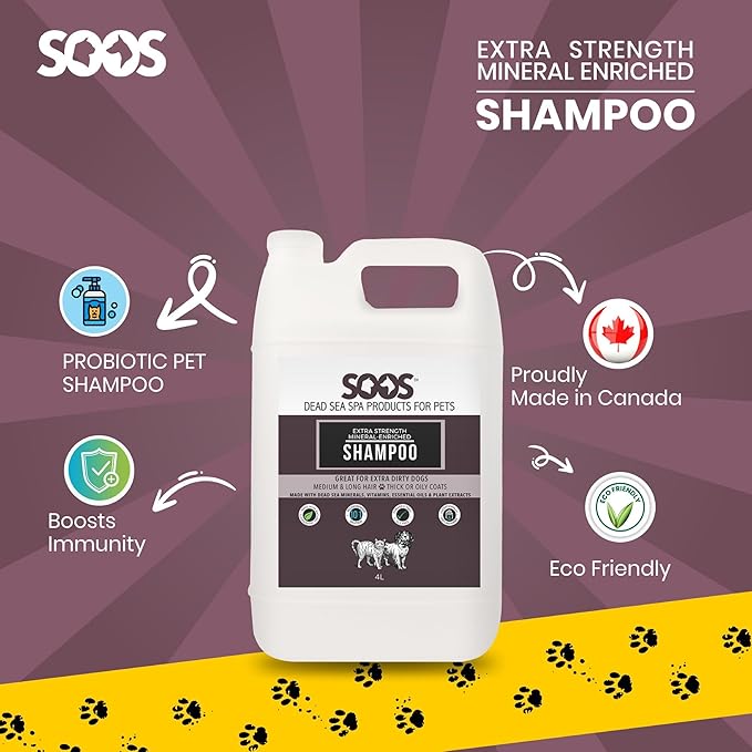 Soos Pet Extra Strength Mineral Enriched Shampoo for Dogs and Cats Natural Dead Sea Mineral Enriched Deeply Absorbing with Vitamins Essential Oils Natural Ingredients - 1x (4L Gallon)