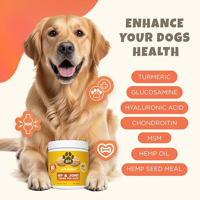 Hip & Joint Supplement Chews for Dogs, Chicken Flavor, 90 Soft Chews - Glucosamine - Chondriotin - Hemp Oil - Turmeric - MSM- Hyaluronic Acid - Hemp Seed Meal