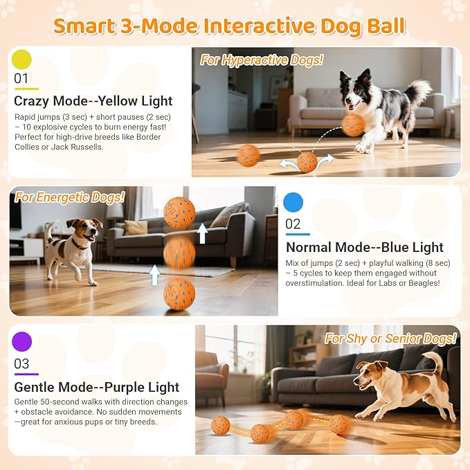 Self-Moving Dog Ball Interactive Dog Toy with Automatic Rolling, Bouncing & Vibration to Keep Dogs Entertained Chew-Proof & Waterproof for Small/Medium Breeds, O18-Orange