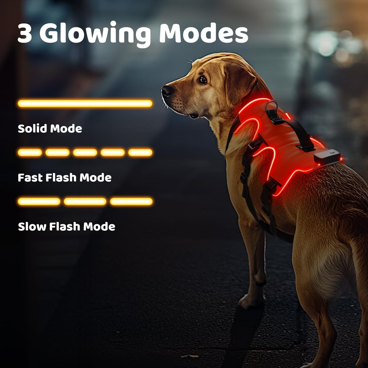 LED Dog Harness - No Pull, Rechargeable, Reflective, Glows in Dark - Orange, Medium