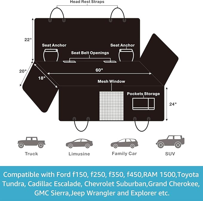 Lassie Truck Car Seat Covers, Waterproof Dog Hammock with 2 Seat Belts and Storage Bags, Protectors for F150 F250 Ram 1500 2500 Silverado Sierra Tundra