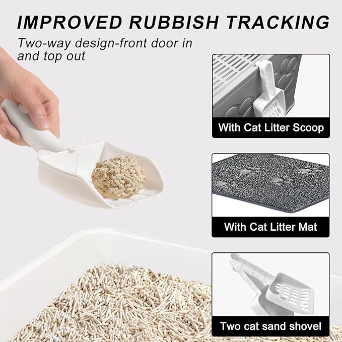 Upgrade Portable Litter Box, Top Entry Cat Box with Lid, No Leakage Kitty Box with Scoop and Mat, Easy Cleaning Cat Box Enclosure (Grey)