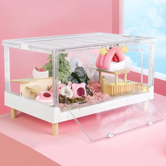 Hamster Cage & Guinea Pig Cages,Fully Transparent and Eco-Friendly Large Acrylic Cage for Small Animal Pets,Such as:Bearded Dragon,Rat,Hedgehog,Chameleon,Iguana, etc (27.5Lx16.9Wx13.4H Inches)