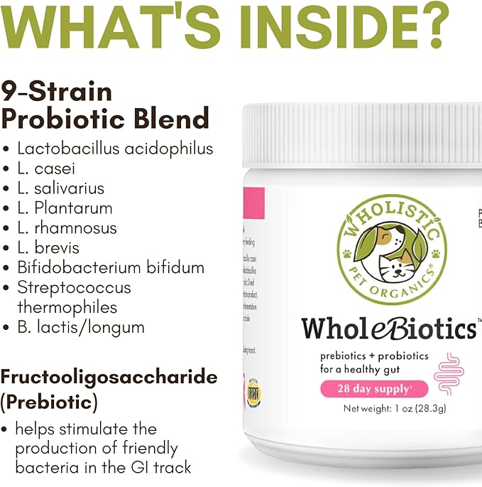 Wholistic Pet Organics WholeBiotics - Daily Dog Probiotics for Digestive Health Support & Immune Boost - 9 Strains - Prebiotics & Probiotics for Dogs & Cats - Gut Health for Dogs - 1 Oz - 28 Scoops