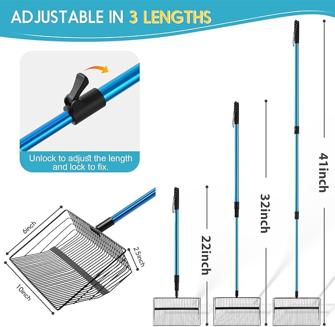 Large Chicken Poop Scooper & Rake: 22"-41" Extendable Long Handle Metal Chicken Coop Scooper with Detachable Heavy Duty Litter Sifting Shovel for Pet Waste | Chicken Coop Accessories