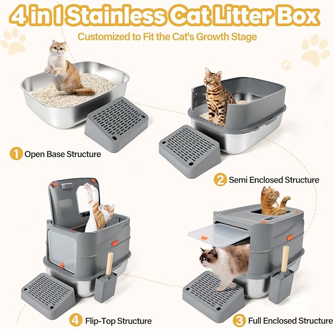Stainless Steel Litter Box with 180° Flip-Top Lid, XXL 23.6”x 15.7”x 15.7” Enclosed Removable Metal Litter Cat Box with Filter Pedal, Scoop, Anti-Leakage, Non-Sticky, Easy Cleaning (Dark Gray)