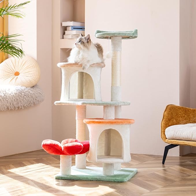 HYABi 42.7 inch Flower Cat Tree Tower Condo Furniture Apartment Plush Habitat Kitten Amusement Platform Multi-Level with Scratch Posts Toy Ball Pet House Play for Indoor Cats