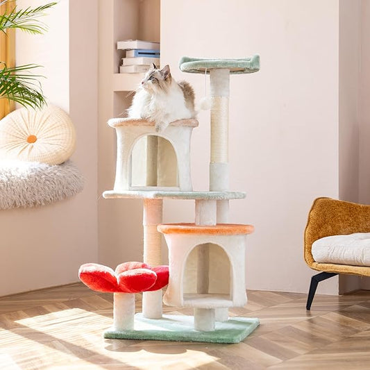 HYABi 42.7 inch Flower Cat Tree Tower Condo Furniture Apartment Plush Habitat Kitten Amusement Platform Multi-Level with Scratch Posts Toy Ball Pet House Play for Indoor Cats