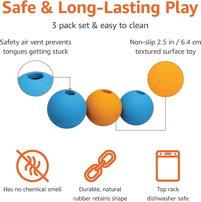 Amazon Basics Dog Toys, Interactive Fetch Rubber Balls, (Pack of 3), 2.5 inch, Blue, Orange