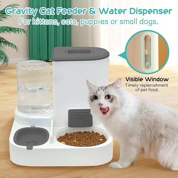 Fhiny Gravity Cat Feeder and Water Dispenser, 2 in 1 Automatic Pet Waterer Detachable Stainless Steel Food Bowls Set Pet Food Storage for Small Dog Puppy Cat Kitten Pet Easy Clean (Grey)