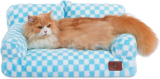 Hollypet Fluffy Plush Dog Cat Pet Couch Soft Calming Sofa Bed for Medium Small Cats and Dogs, Blue and White