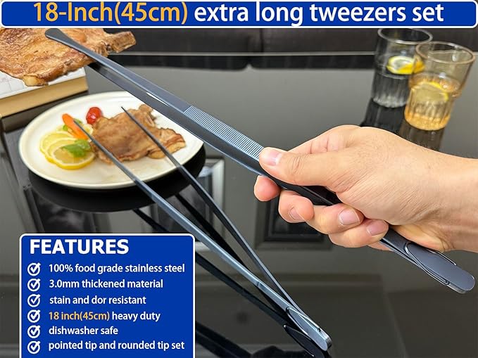JETKONG 2 Pcs 18 Inch (45cm) Stainless Steel Grill Tongs Heavy Duty Giant Tweezer Tongs, Extra Large Tweezers Tools for Cooking, Grilling, BBQ and Turning Food (Navy Blue)