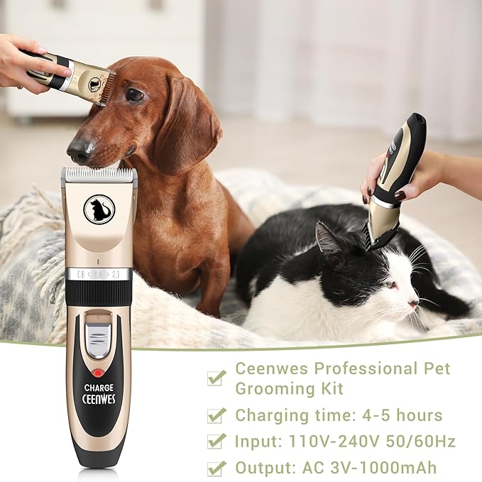 Ceenwes Dog Clippers Low Noise Pet Clippers Rechargeable Trimmer Cordless Grooming Tool Professional Dog Hair Trimmer with Comb Guides Scissors for Dogs Cats & Others（Gold）