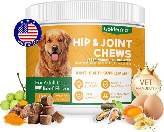 Hip and Joint Chews for Senior Dogs with Glucosamine HCL, Chondroitin, Green-lipped Mussel, Ashwagandha for Anti Inflammatory, Mobility Support, Muscle Maintenance, Joint Comfort 120 Ct