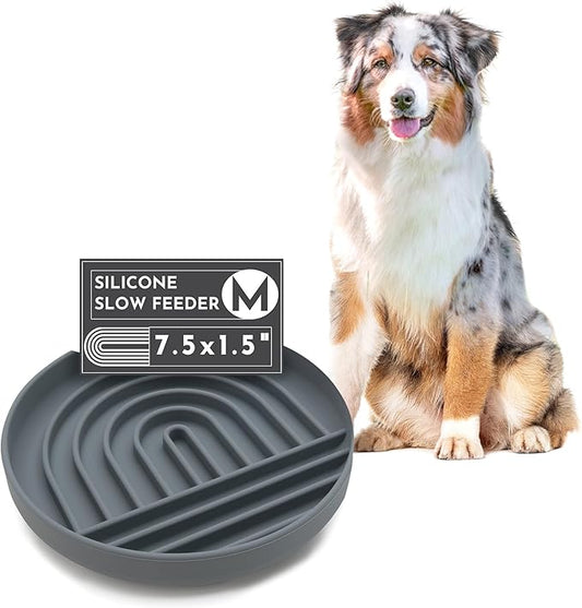 The Slowdown Bowl Silicone Slow Feeder for Dogs & Puppies, Slow Eating, Modern Lick Mat Design, Reduces Gulping, Fits 2 Cups 7.5” Across x 1.5” Tall, Mealtime Challenge, Medium-Charcoal