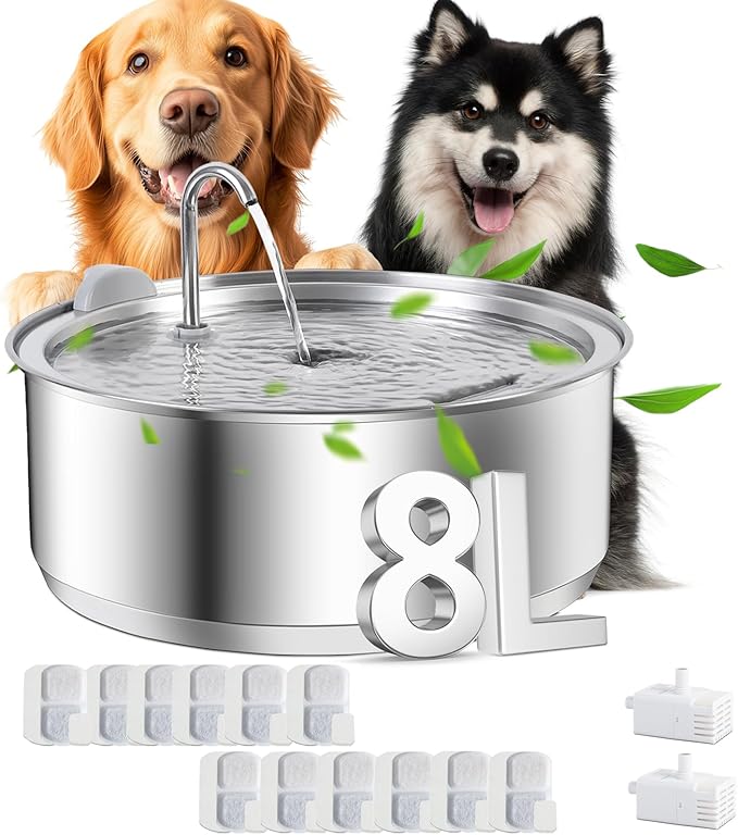 8L/2.1G Dog Water Fountain for Large Dog, Dreamocean Dog Water Bowl Dispenser Stainless Steel Pet Water Fountain, Water Dispenser for Dogs with 2 Ultra Quiet Pump for Multiple Pets with 12 Filters