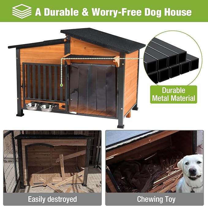 GUTINNEEN Outdoor Dog House Insulated Large Weatherproof Dog Shelter with Chew-Proof Full Metal Frame, 360° Rotatable Spill-Proof Bowl, Openable Roof, Removable Inner Floor for Dogs