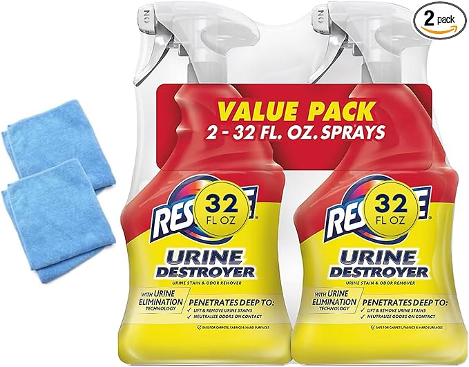 Urine Destroyer Spray – Pet Stain and Odor Remover, Carpet Cleaner Solution for Cat and Dog Urine, Compatible with Resolve, 32 Fl Oz Bundle With 2x Microfiber Cleaning Cloth 14x14