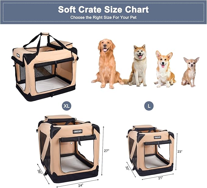JESPET 36'' Soft Dog Crates Kennel for Pets, 3 Door Soft Sided Folding Travel Pet Carrier with Straps and Fleece Mat for Dogs, Cats, Rabbits, Grey Blue & Beige (36" L x 24" W x 27" H, Beige)