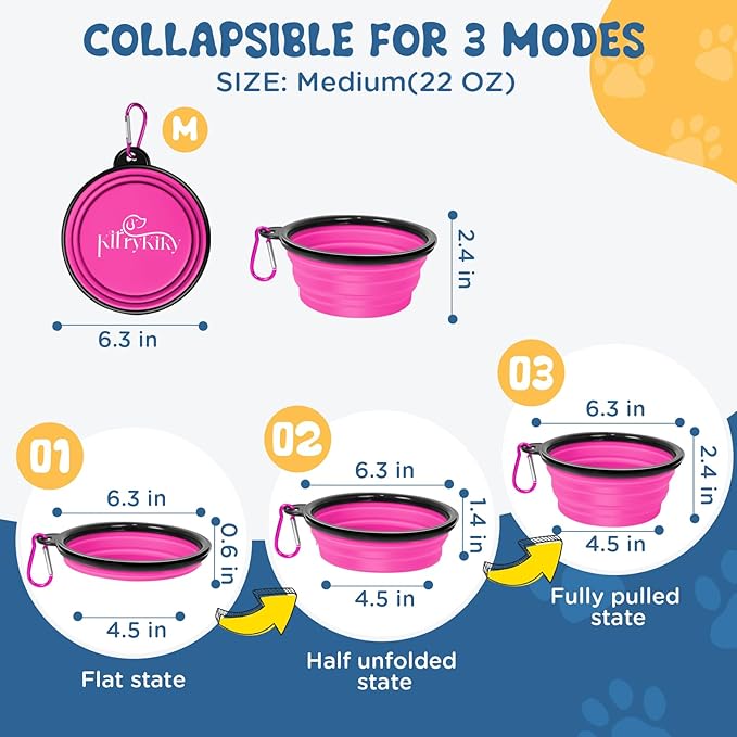 Collapsible Dog Bowls Medium, 2 Pack 22oz Portable Travel Dog Bowls, Foldable Water Bowl for Dogs Cats, Pet Feeding Watering Dish with Carabiner, Food Grade Silicone BPA Free(Pink+Orange, M)