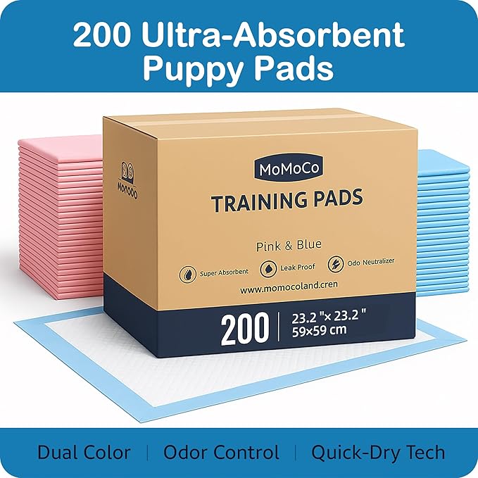 MoMoCo Value Pack Puppy Training Pads 23"x23", 200 Count (Blue100 + Pink100) – Leak-Proof & Super Absorbent Potty Pads for Dogs, Cats & Rabbits