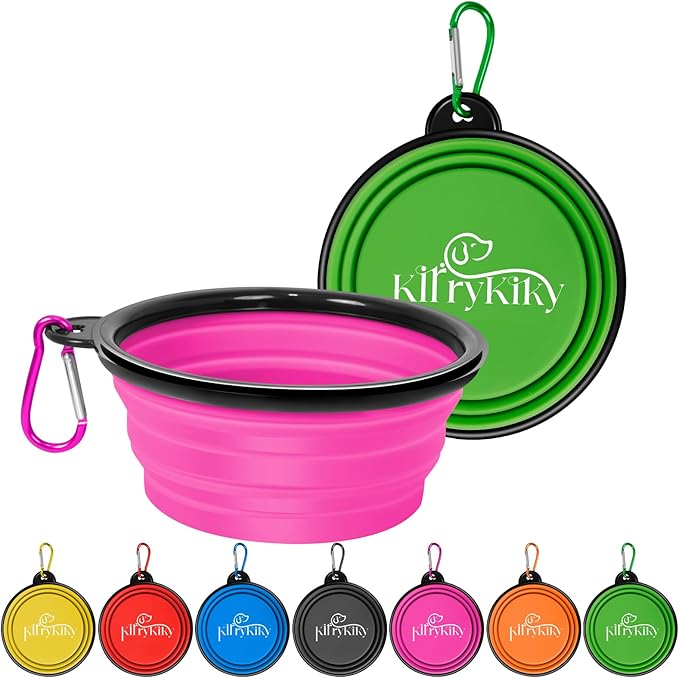Large Collapsible Dog Bowls, 2 Pack 34oz Portable Travel Dog Bowls, Foldable Water Bowl for Dogs, Pet Feeding Watering Dish with Carabiner, Food Grade Silicone BPA Free(Pink+Green, L)