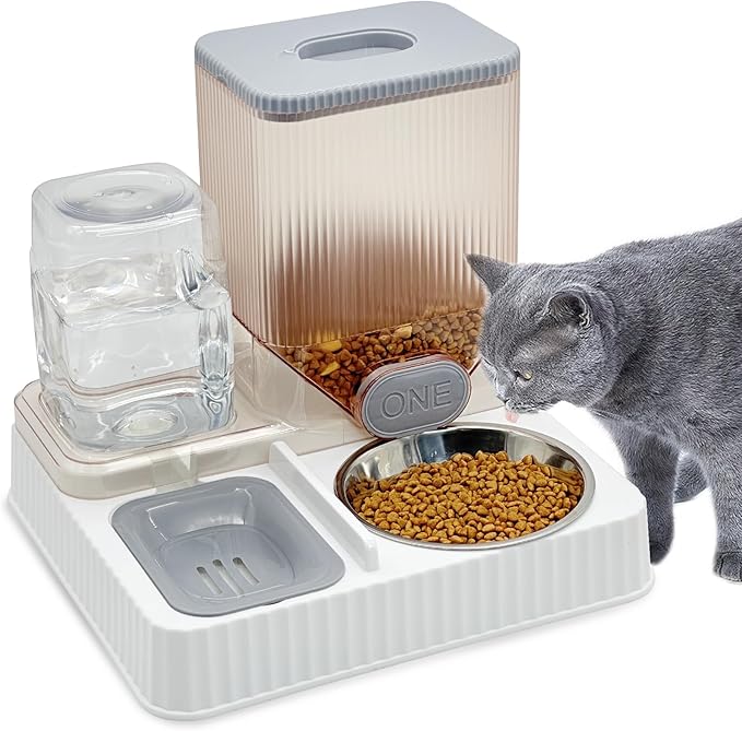 Fhiny Gravity Cat Feeder & Water Dispenser, 2 in 1 Automatic Puppy Waterer Removable Stainless Steel Food Bowls Set Self Feeding Pet Food Storage for Cat Kitten Puppy Easy Clean (Grey)