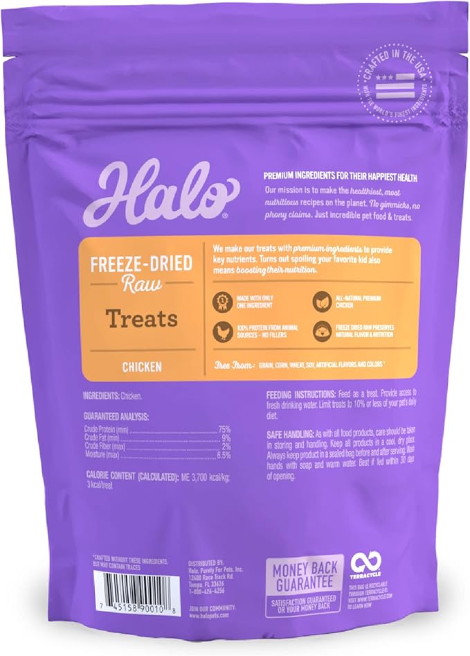 Halo Freeze Dried Raw Cat Treats, 100% Chicken Breast Recipe, Cat Treats Pouch, All-Natural High Protien Treat, 2.2 Oz Pouch
