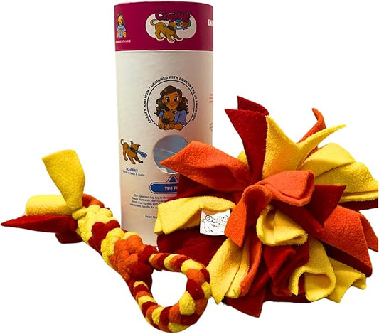 Chelsy's Toys 3-in-1 Enrichment Tube for Dogs - Tug Toy, Treat Dispenser & Snuffle Ball | Durable Rope Dog Toy | Interactive Dog Treat Puzzle for Large Dogs & Puppies (Orange)