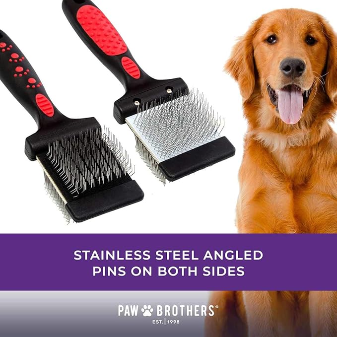 Ryan's Pet Supplies Paw Brothers Double Sided Firm Flex Slicker Brush, Professional Grade, Angled Stainless Steel Pins, Comfort Grip, Flexible Head, Firm, Large