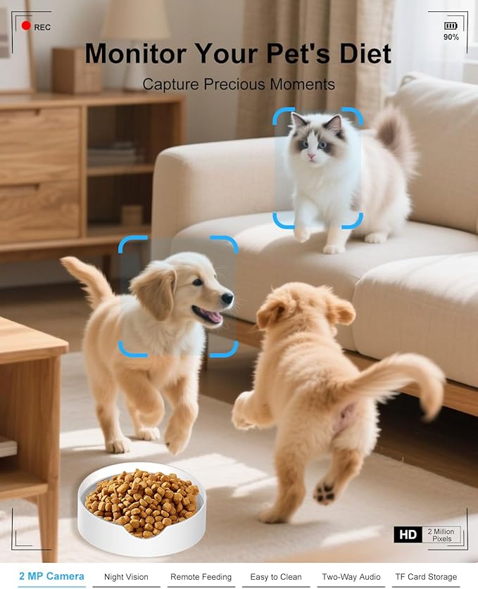 SANSCO Automatic Cat Feeder with Camera: Automatic Dog Feeder, 2MP Video Recording Timed 2.4 & 5GHz WiFi App Control Pet Feeder Dispenser for Cat Dog, Rotates Up and Down, 4L