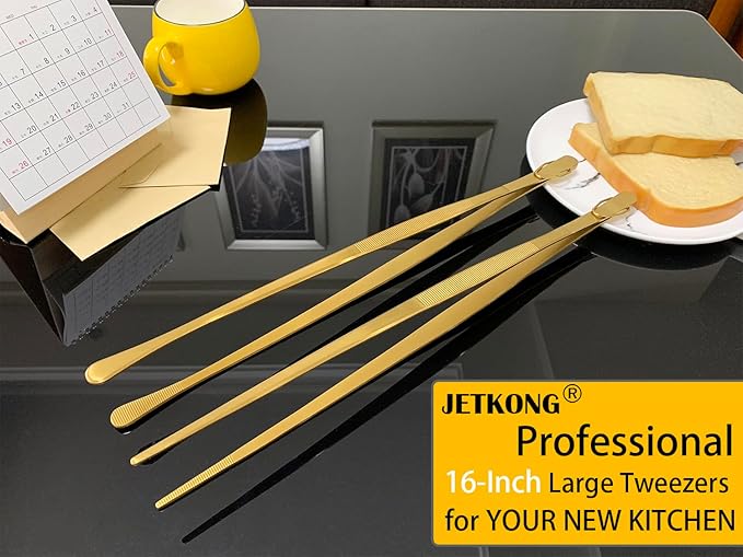 JETKONG 2 Pcs 16-Inch Heavy Duty Cooking Tweezers Extra Large Stainless Steel Food Tweezers Gaint Kitchen Tweezer Tongs (Gold)