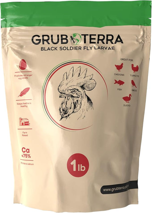 GrubTerra Golden Dried Black Soldier Fly Larvae - Premium Supplement to Increase Egg Production for Hen Treats, Bird Feed, Chicken Feeder, Pet Bird Food, and Wildbird Feed, Never from China! (1lb)