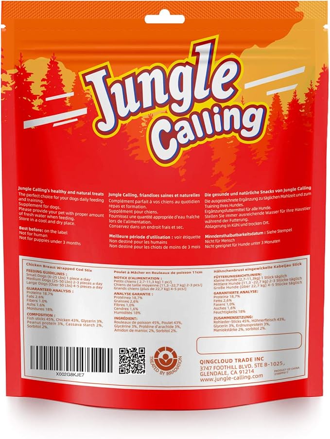 Jungle Calling Rawhide Free Treats for Dogs, Chicken Wrapped Cod Sticks Dog Treats, Soft Chewy Snacks for Training Rewards, 10.6 oz (Chicken)