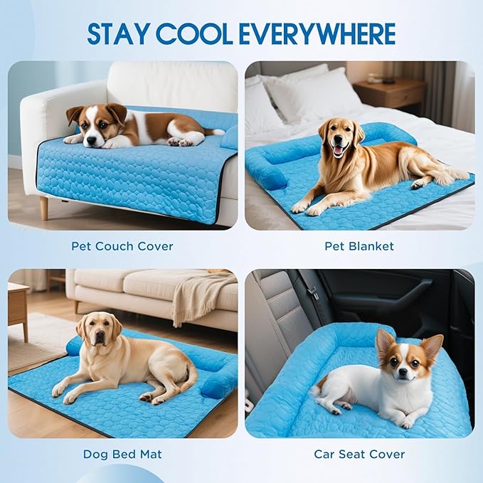 Large Cooling Dog Bed & Mat for Dogs | Machine Washable, Waterproof & Non-Slip Blanket Cover | Portable for Couch, Car, Floor & Travel (No Gel), L-40 x 35 inch