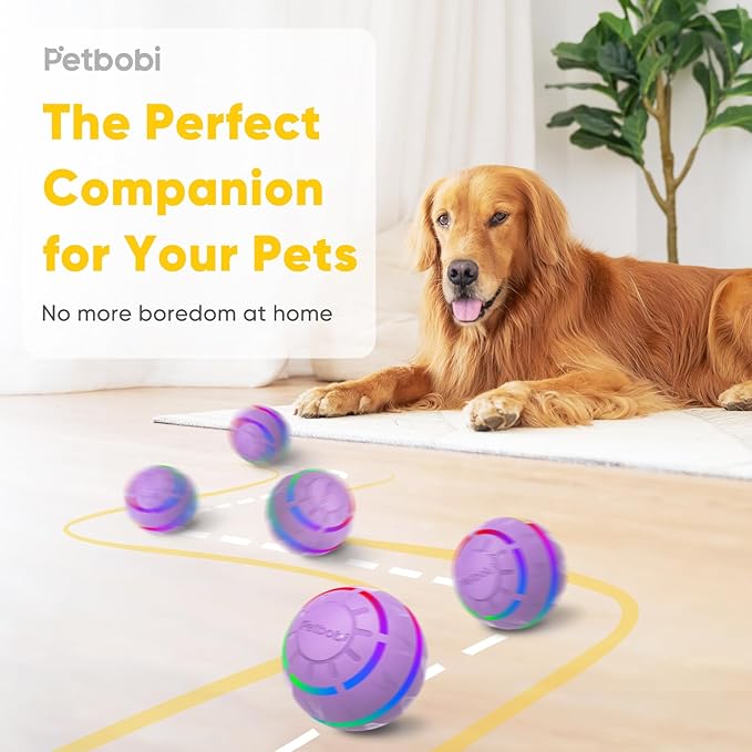 Petbobi Active Rolling Ball for Dogs - 2025 New Upgrade 2 Modes Interactive Dog Toys, USB Rechargeable Motion Activated Self Moving, Durable Pet Ball for Small Medium Large Breeds, LED Light, Purple