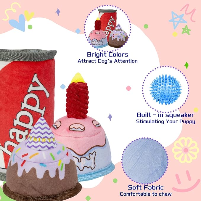 Squeaky Dog Toys Birthday Toy,Dog Toy Cake, No Stuffing pp Cotton for Large, Medium and Small Breeds，Dog Squeaky Balls Inside, Puppy Birthday Gifts